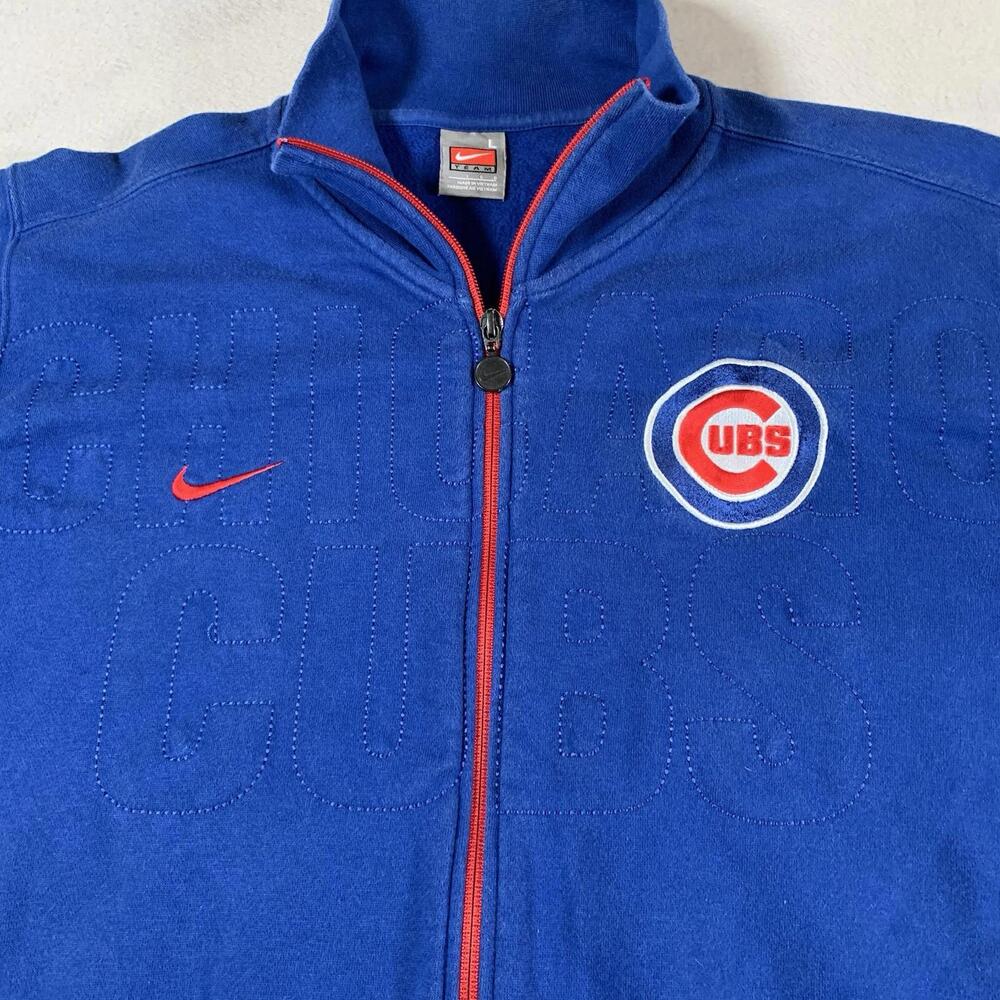 VINTAGE Chicago Cubs Nike Jacket Mens Large Blue Red Spellout Subtle Logo Swoosh